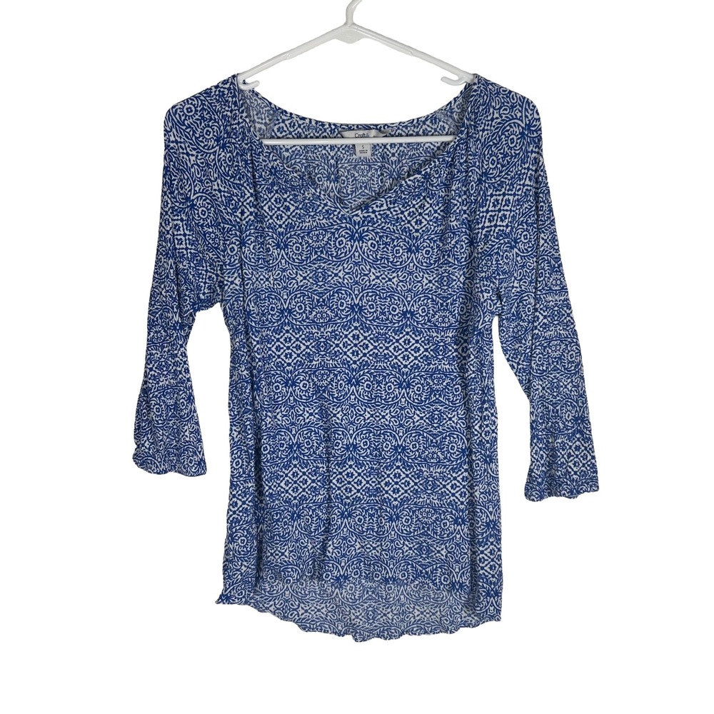 Croft &‎ Barrow Womens Blue White Geometric Damask 3/4 Sleeve V-Neck Top Small